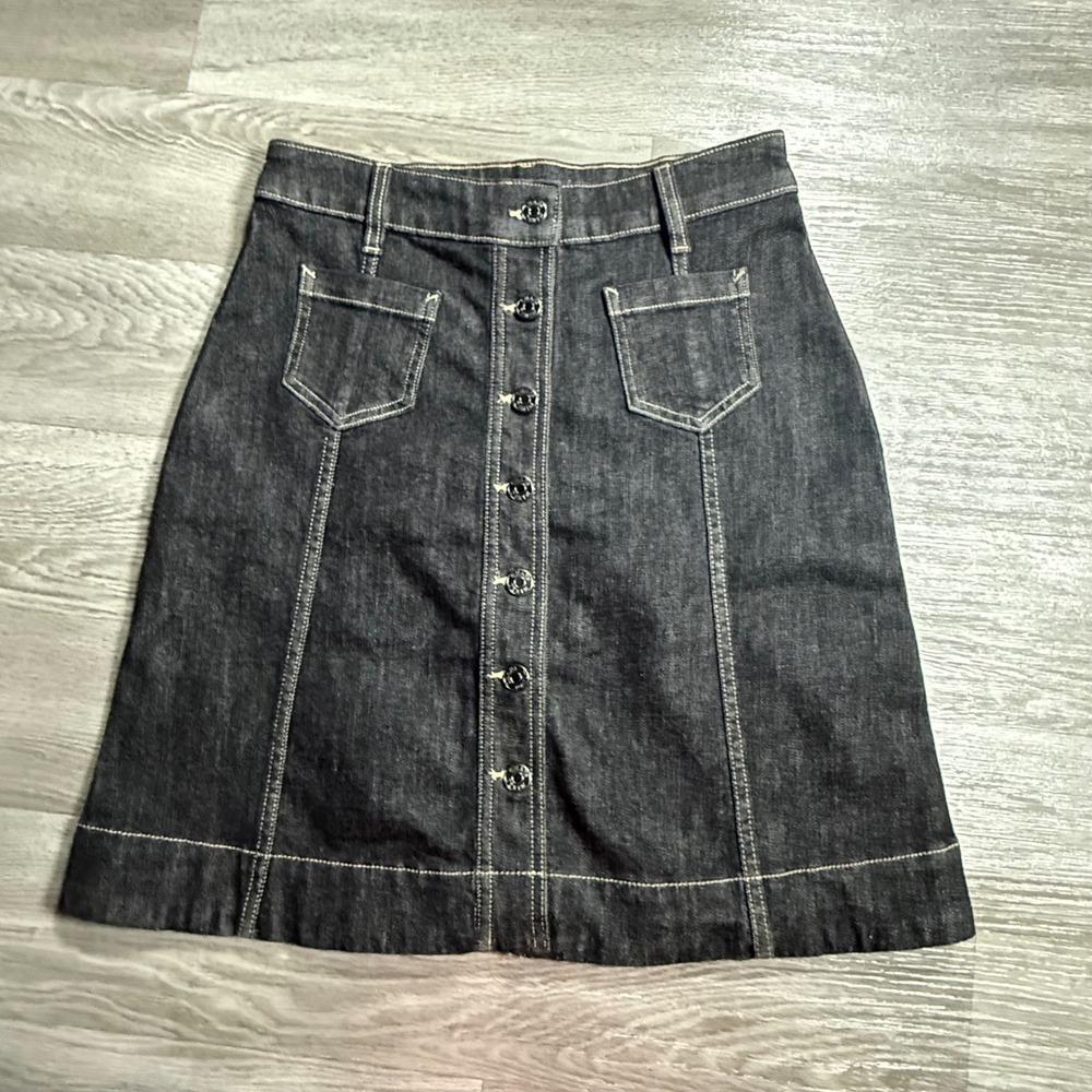 Chaps Petite Womens 2P Dark Wash Button Front Denim A-Line Skirt  Jean RN 41381